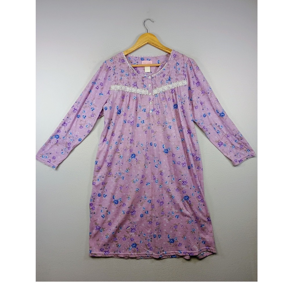 Cottagecore Pink Label Womens Large Pink Floral Lace Trim Long Sleeve Nightgown